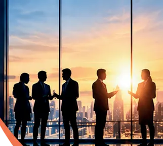 A leadership team silhouetted against a city skyline